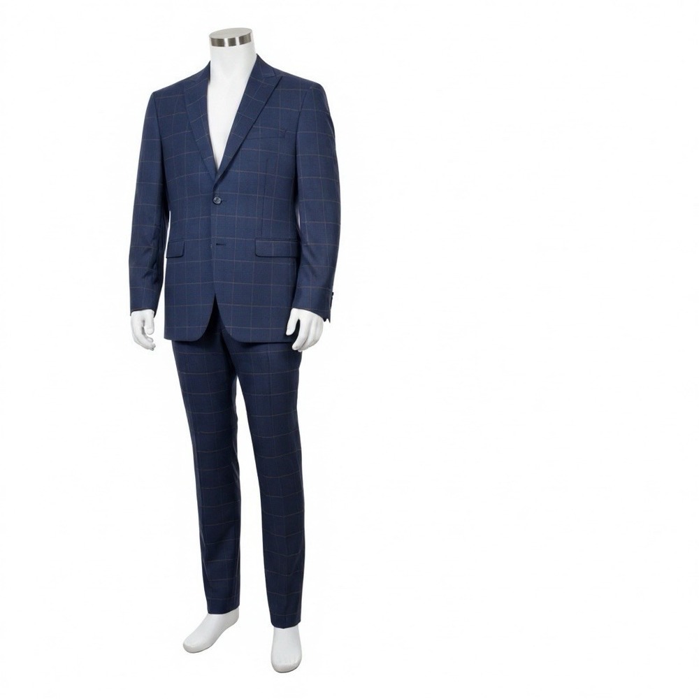 Stacy Adams Men's 2 Piece Suit Navy Blue Windowpane Plaid Hybrid Modern Fit Flat